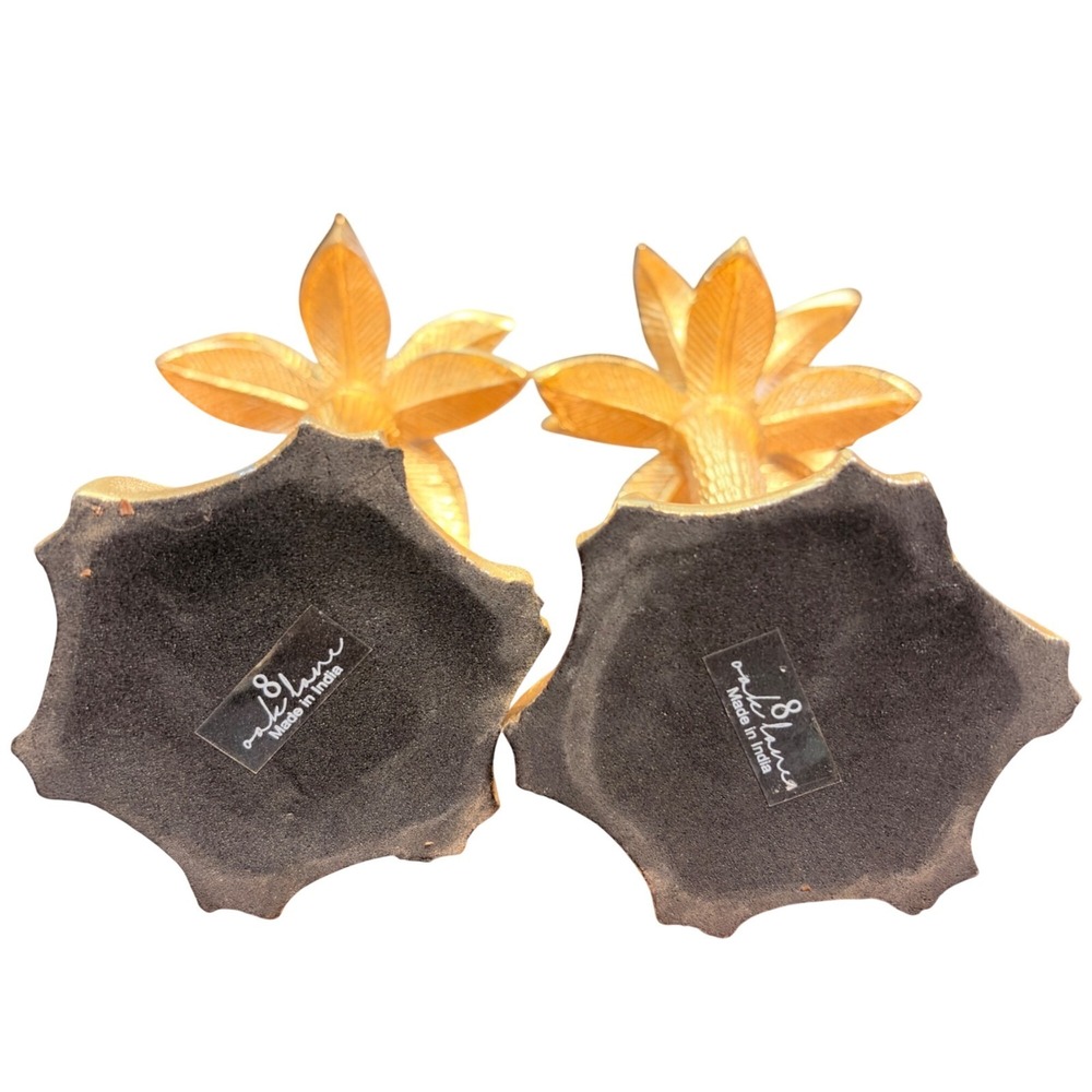 Gold Palm Tree Candle Holders Set 2 Metal Hollywood Regency Taper Candlestick 8" - Picture 7 of 9